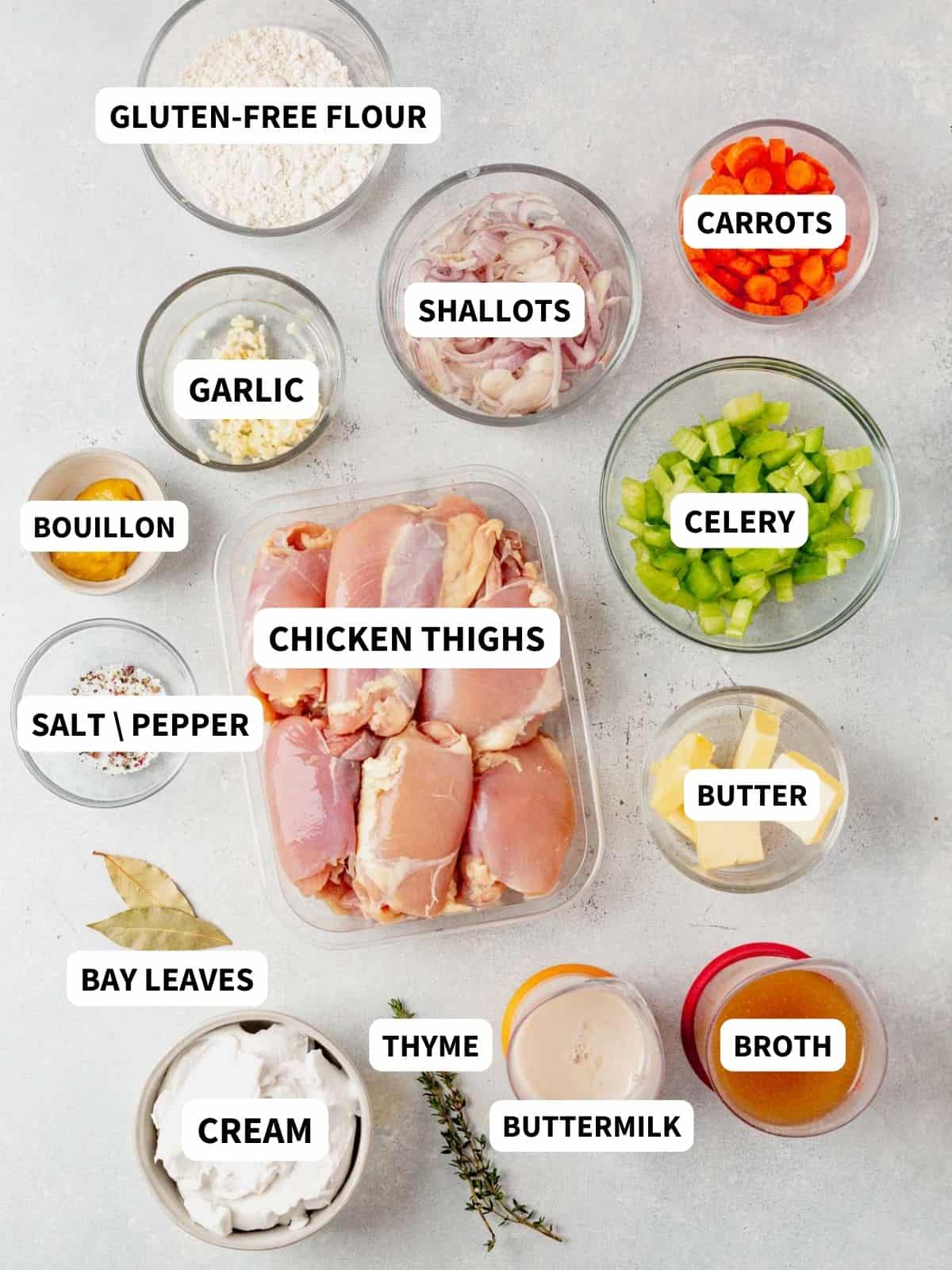 ingredients for gluten-free chicken and dumplings on a countertop