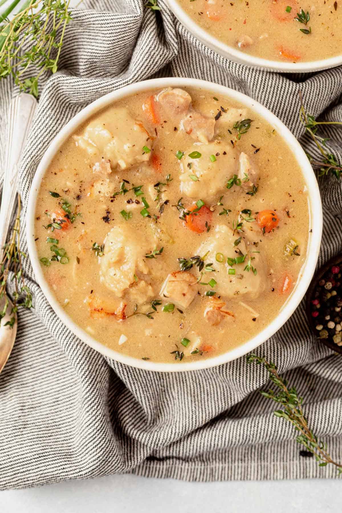 a bowl of gluten-free chicken and dumplings