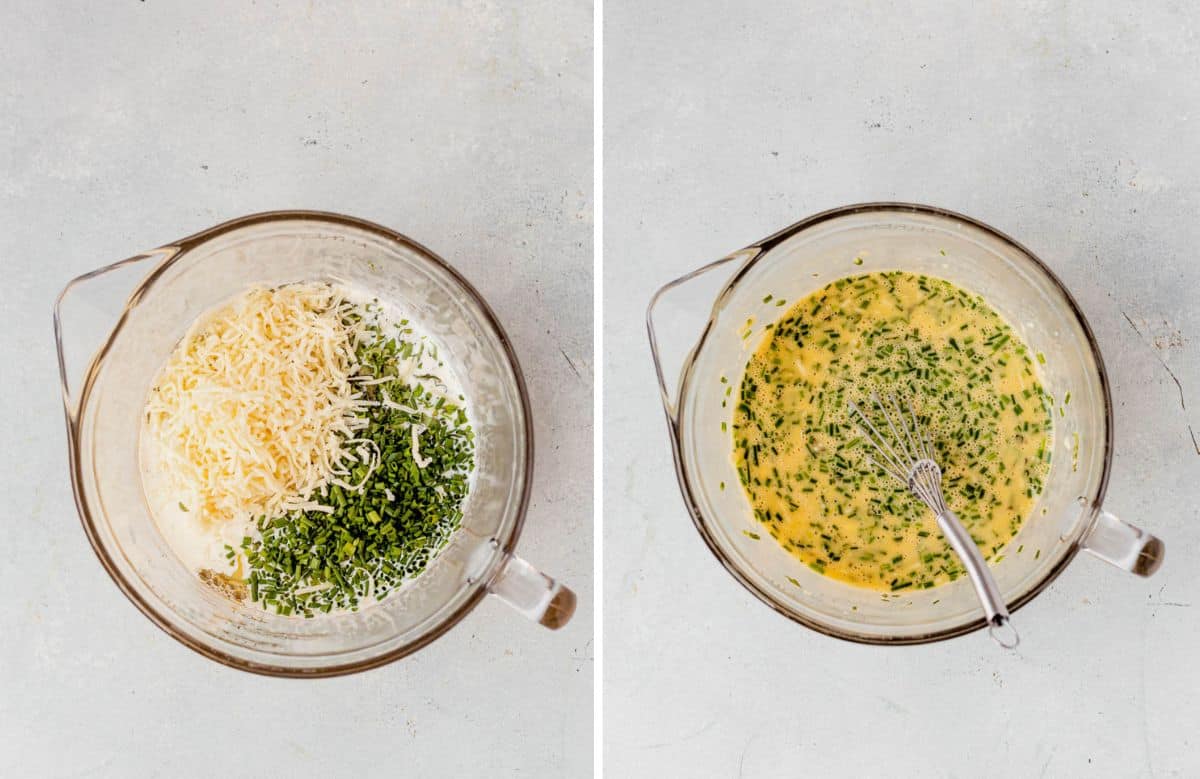 eggs, basil, chives, cream, and cheese whisked in a glass bowl
