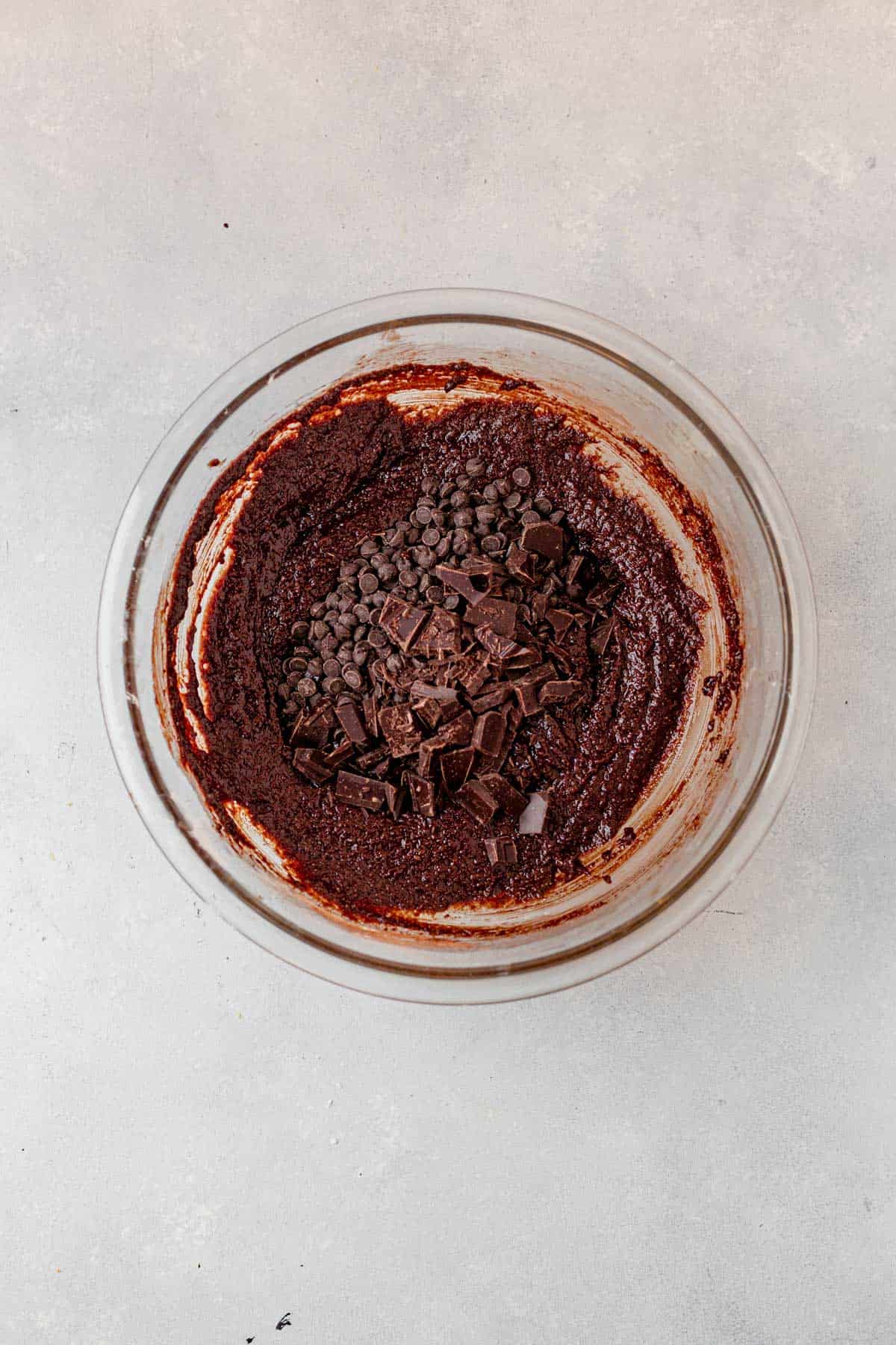 brownie batter mix in a bowl with chocolate chips