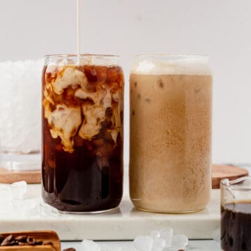 iced latte and iced coffee on a countertop
