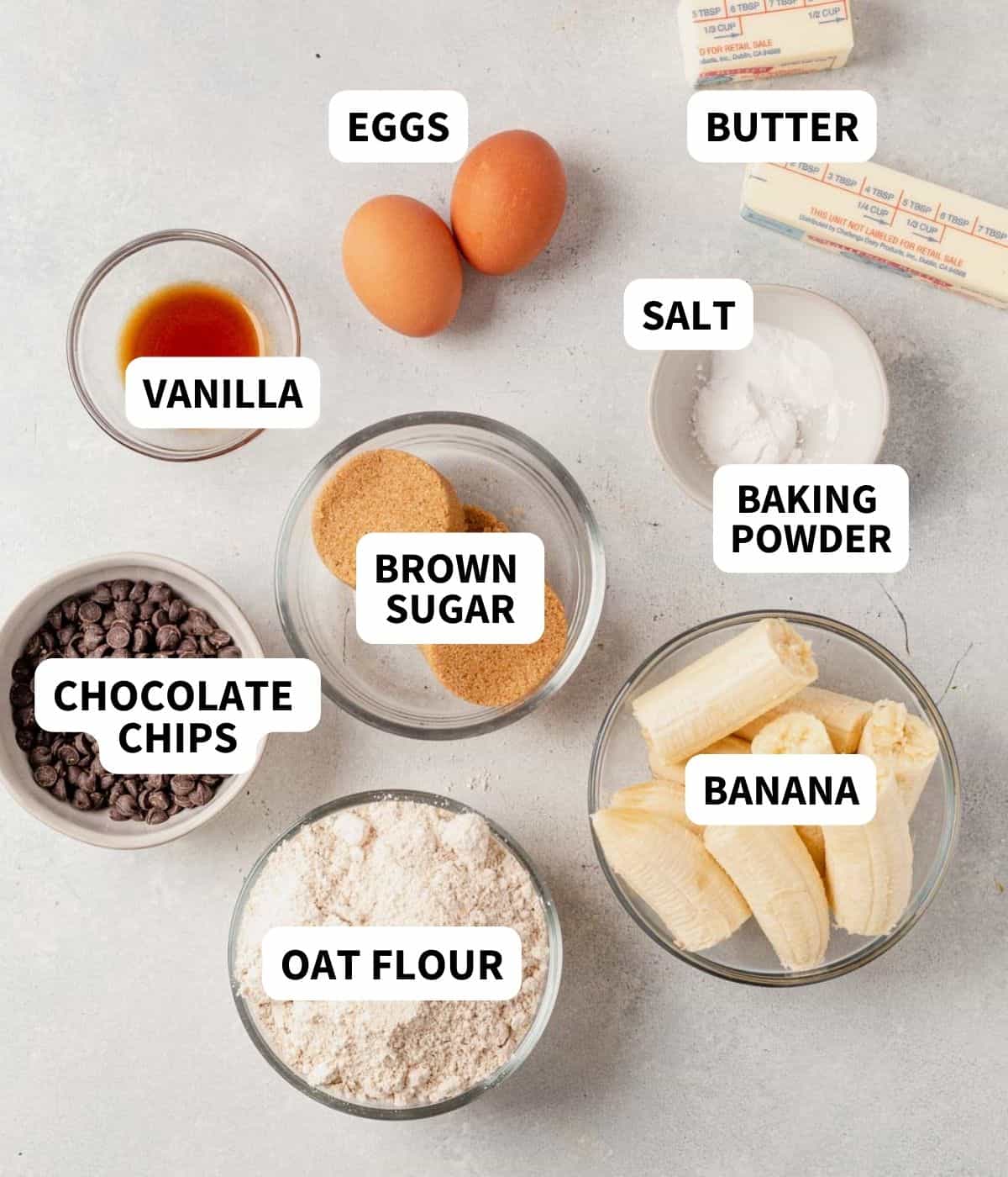 oat flour banana bread ingredients on a counteretop