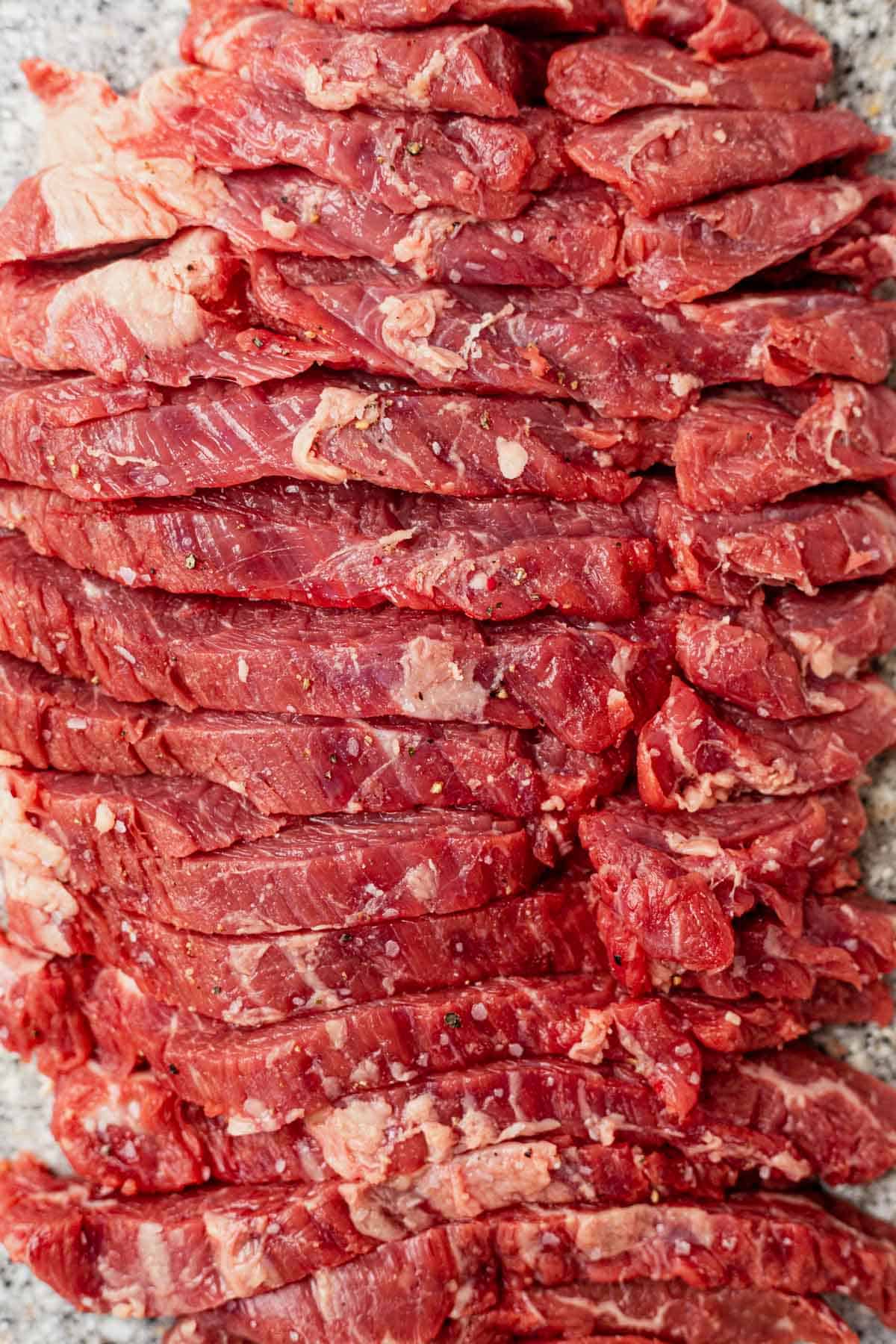 raw flank steak cut against the grain