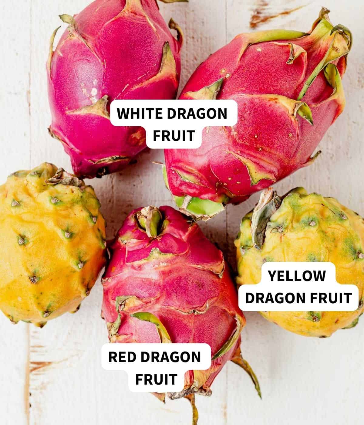 yellow, white and red dragon fruit on a countertop