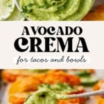 bowl of avocado crema topped with lime and cilantro and then avocado crema dolloped onto buffalo cauliflower tacos