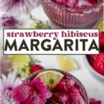hibiscus margarita in a high ball glass and then hibiscus margarita garnished with hibiscus leaves and a lime wedge