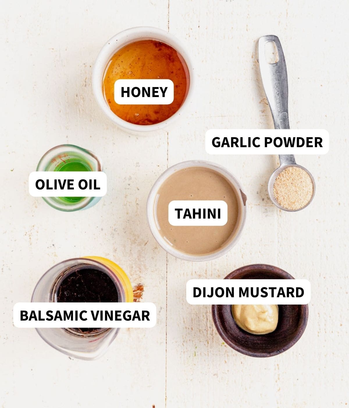 tahini balsamic dressing ingredients on a countertop