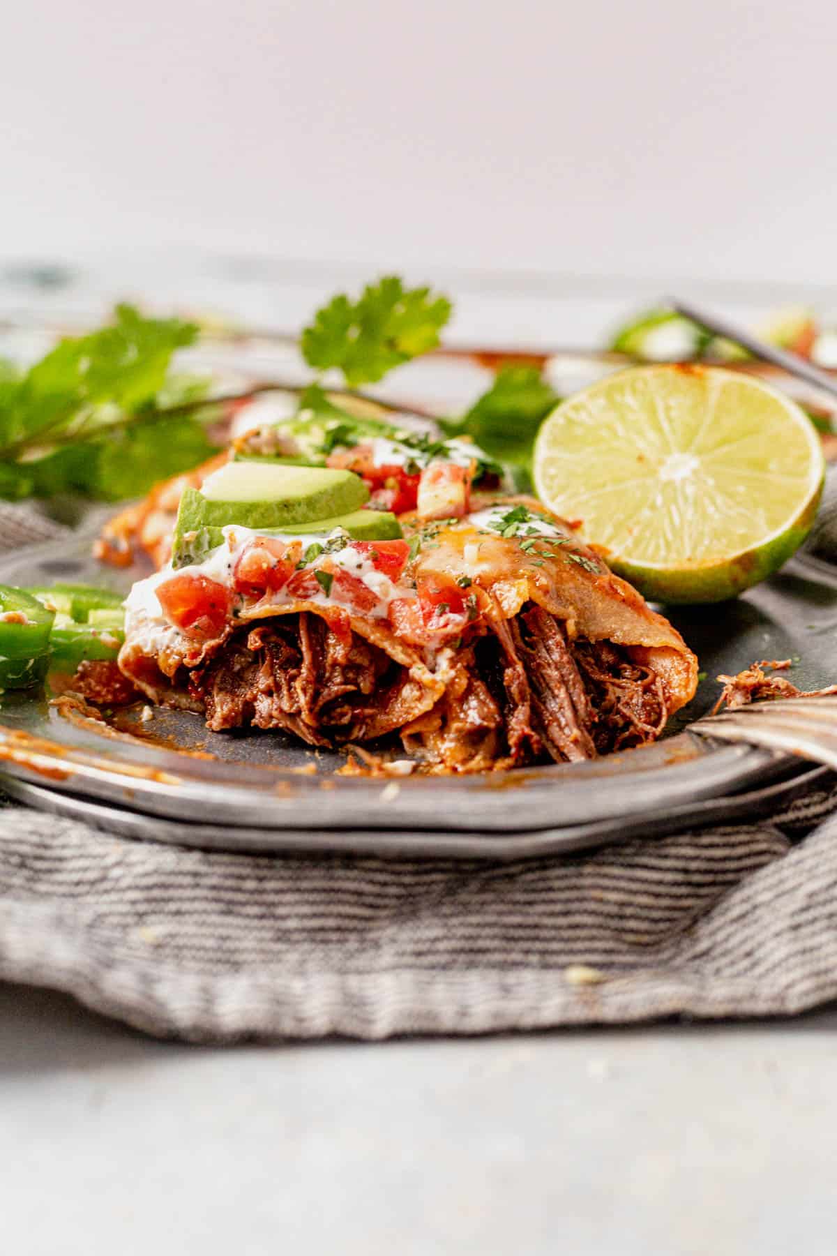 two shredded beef enchiladas on a plate
