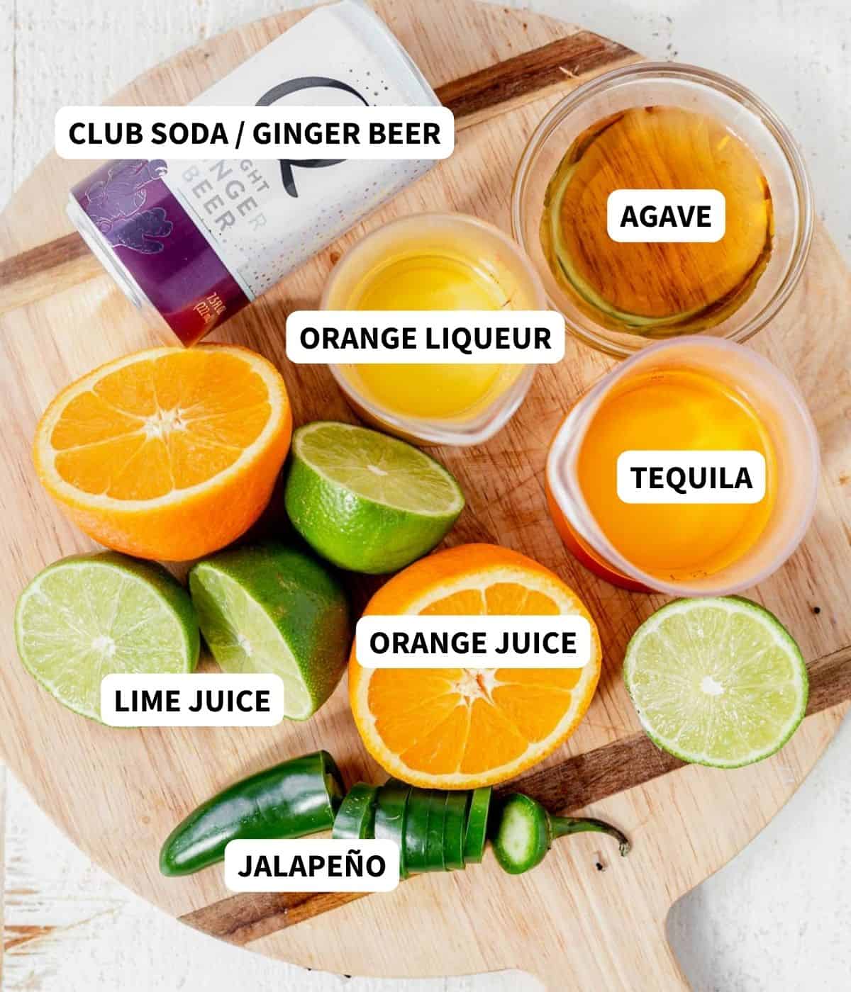 skinny spicy margarita ingredients on a cutting board