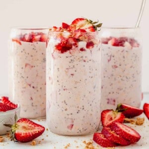 three jars of strawberry cheesecake overnight oats