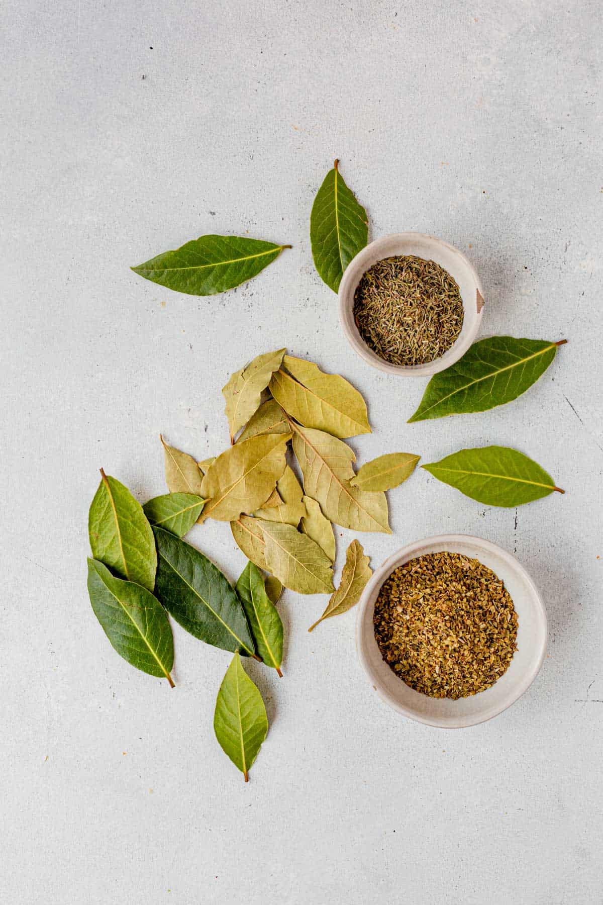 fresh bay leaf, dried bay leaf, oregano, and thyme on a countertop