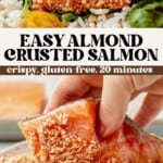 cutting a bite of almond crusted salmon and then dipping a raw salmon fillet into almond coating.