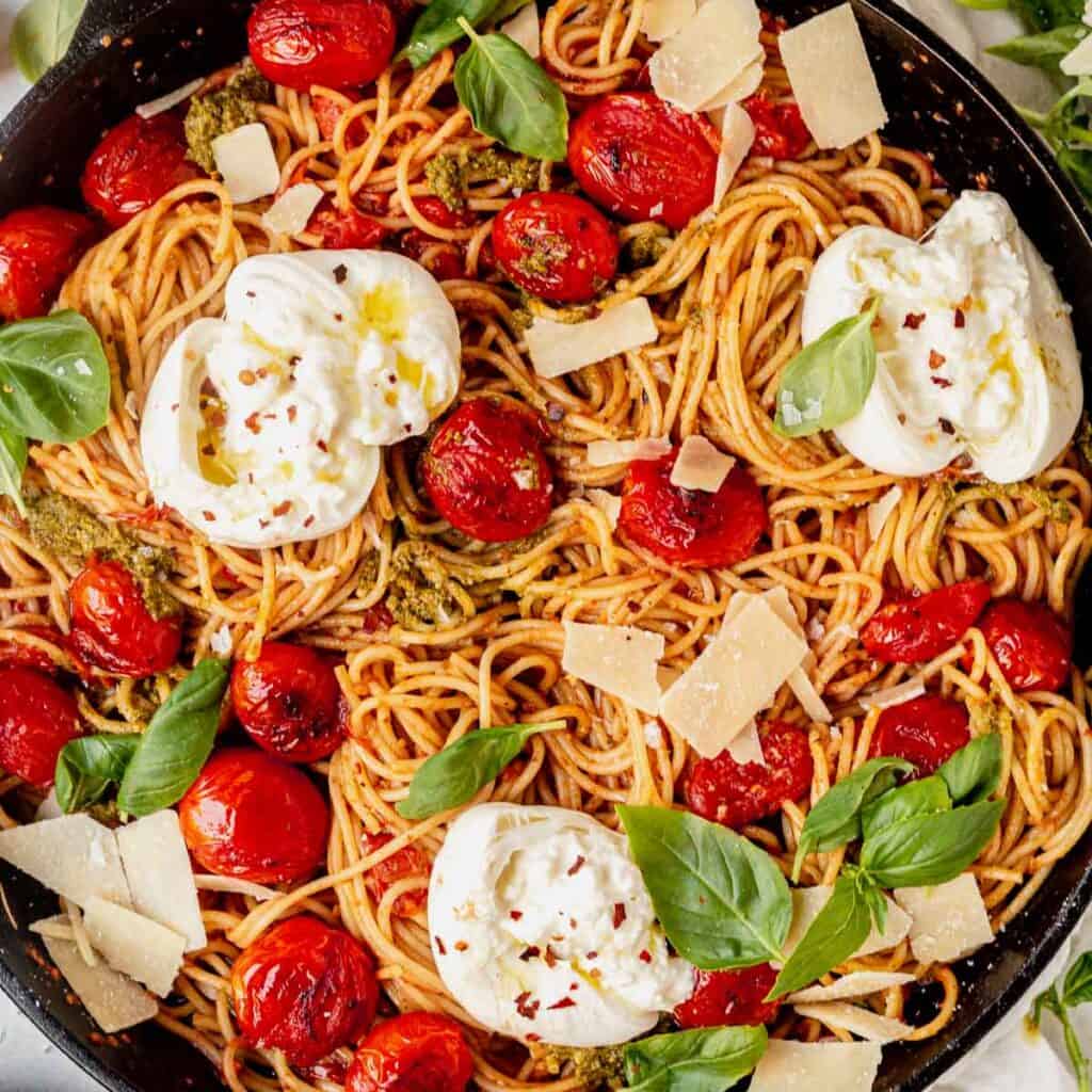 Burrata Pasta With Burst Tomatoes And Basil Pesto