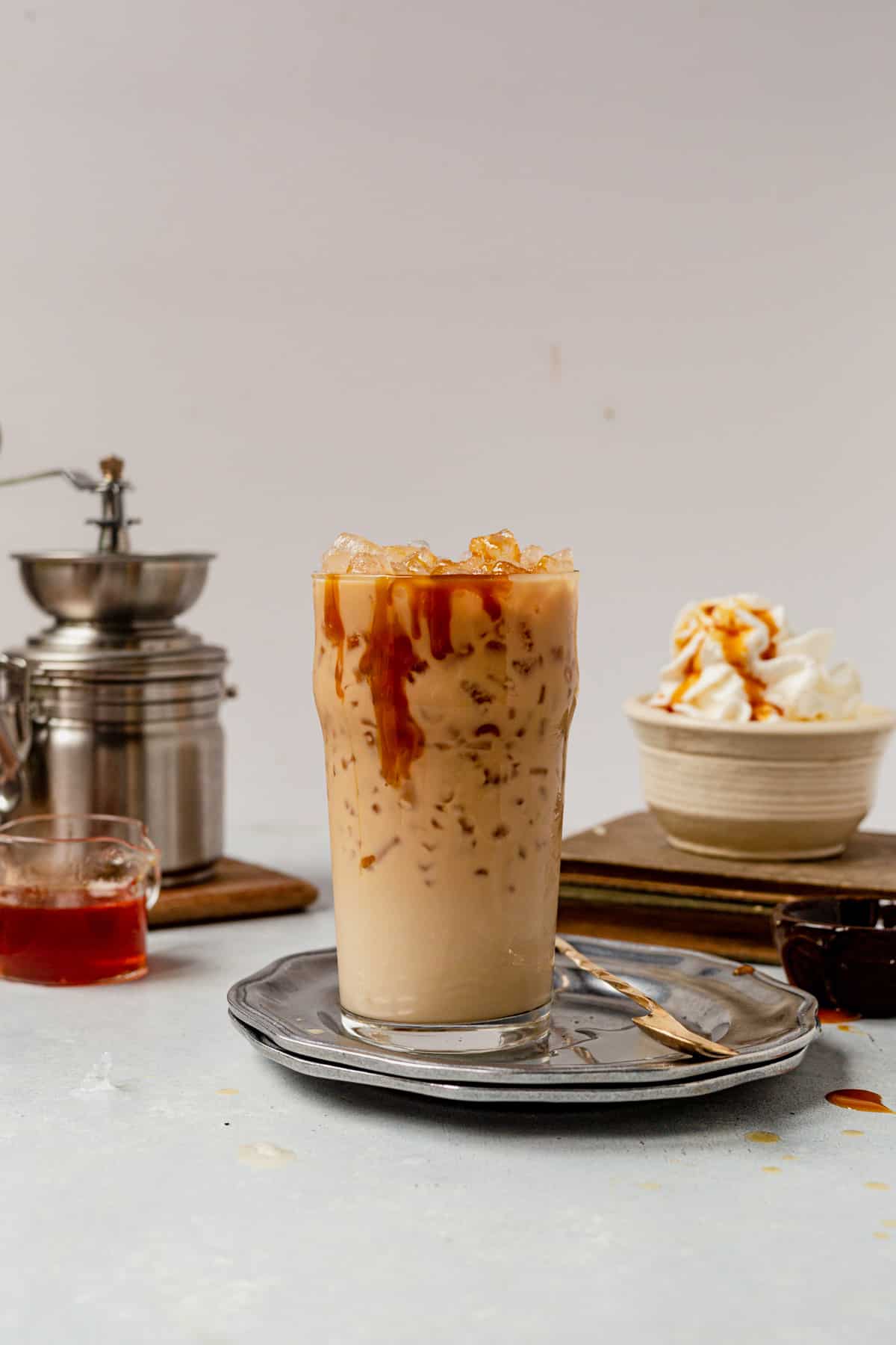 ice caramel latte with whipped cream and caramel