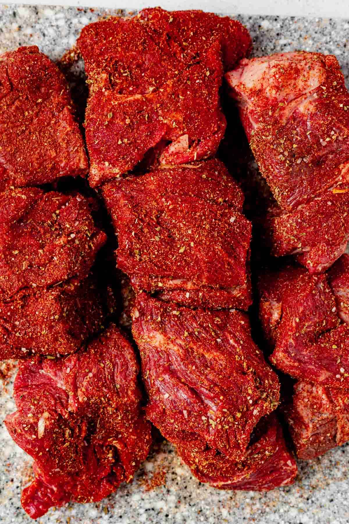 pieces of beef chuck covered in Mexican spices