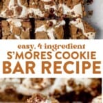 sheet of c'mores cookie bars cut into and pulled apart and then two s,'mores cookie bars stacked on top of each other