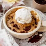 chocolate chip mug cake with vanilla ice cream