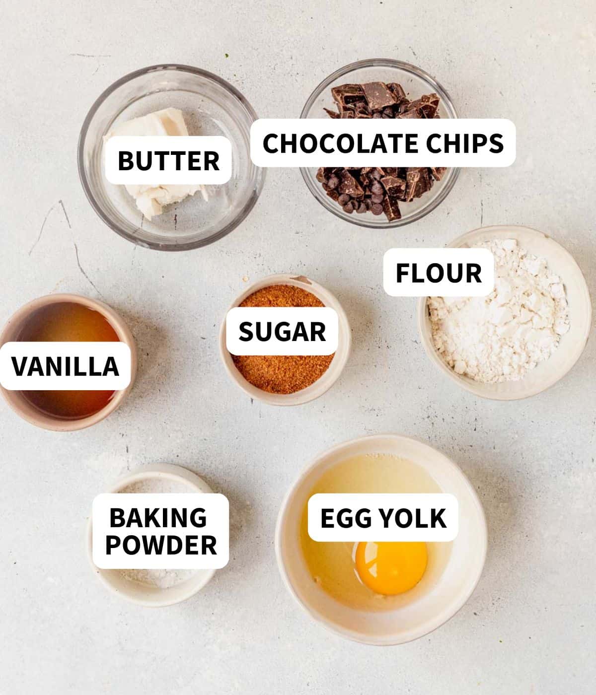 ingredients for chocolate chip mug cake on a counter.