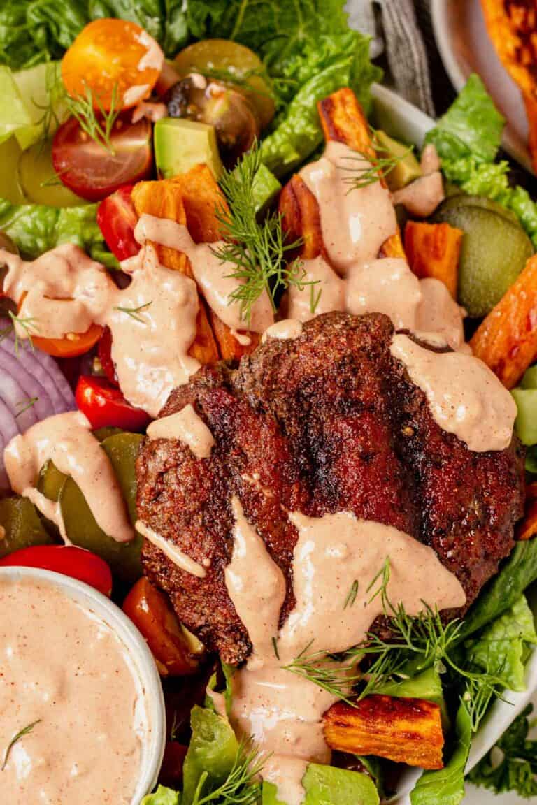 Burger Bowl with Sweet Potato Fries and House Sauce