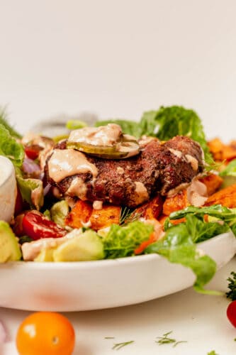 Burger Bowl with Sweet Potato Fries and House Sauce