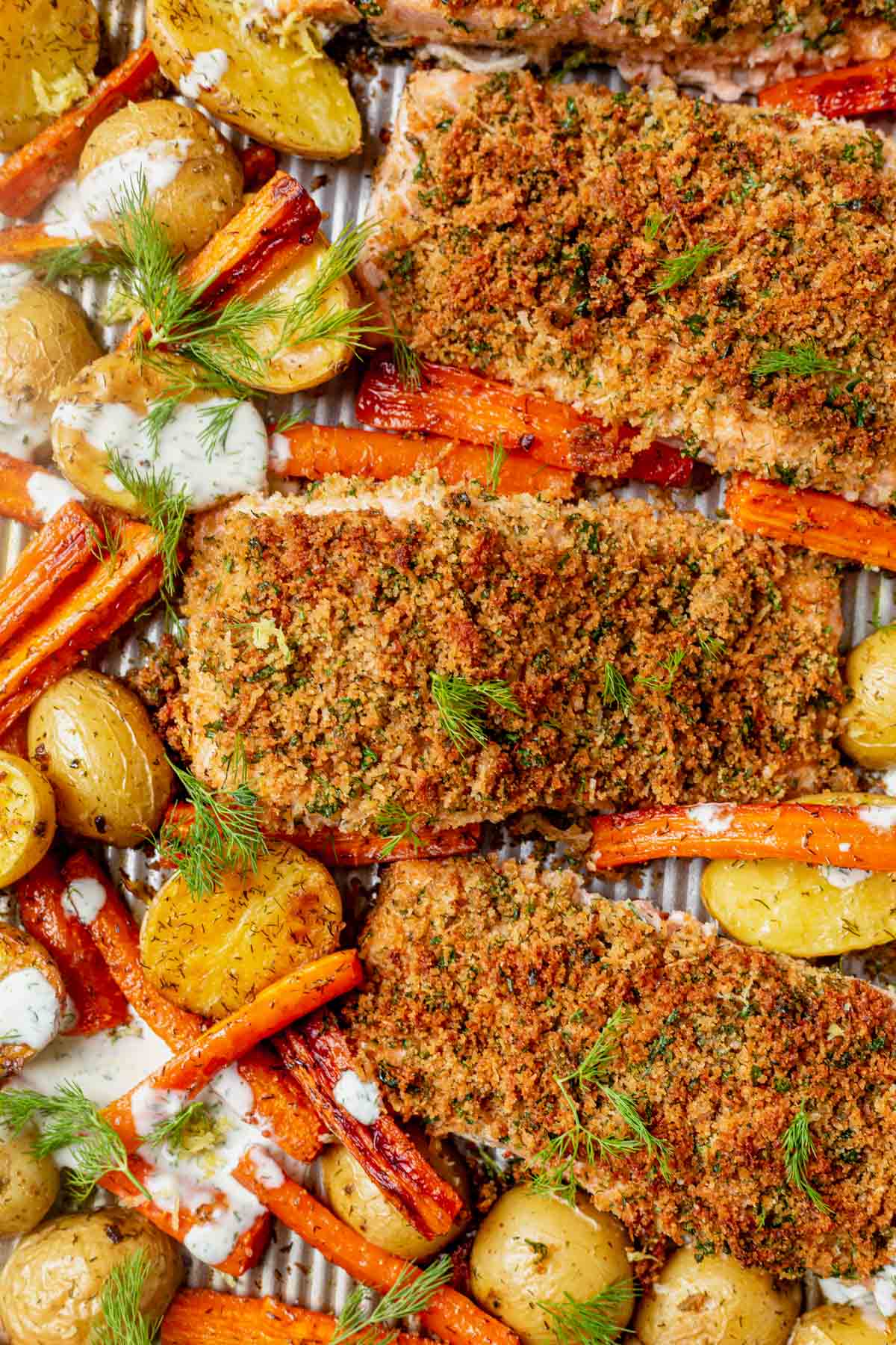 herb crusted salmon on a sheet pan with potatoes and carrots