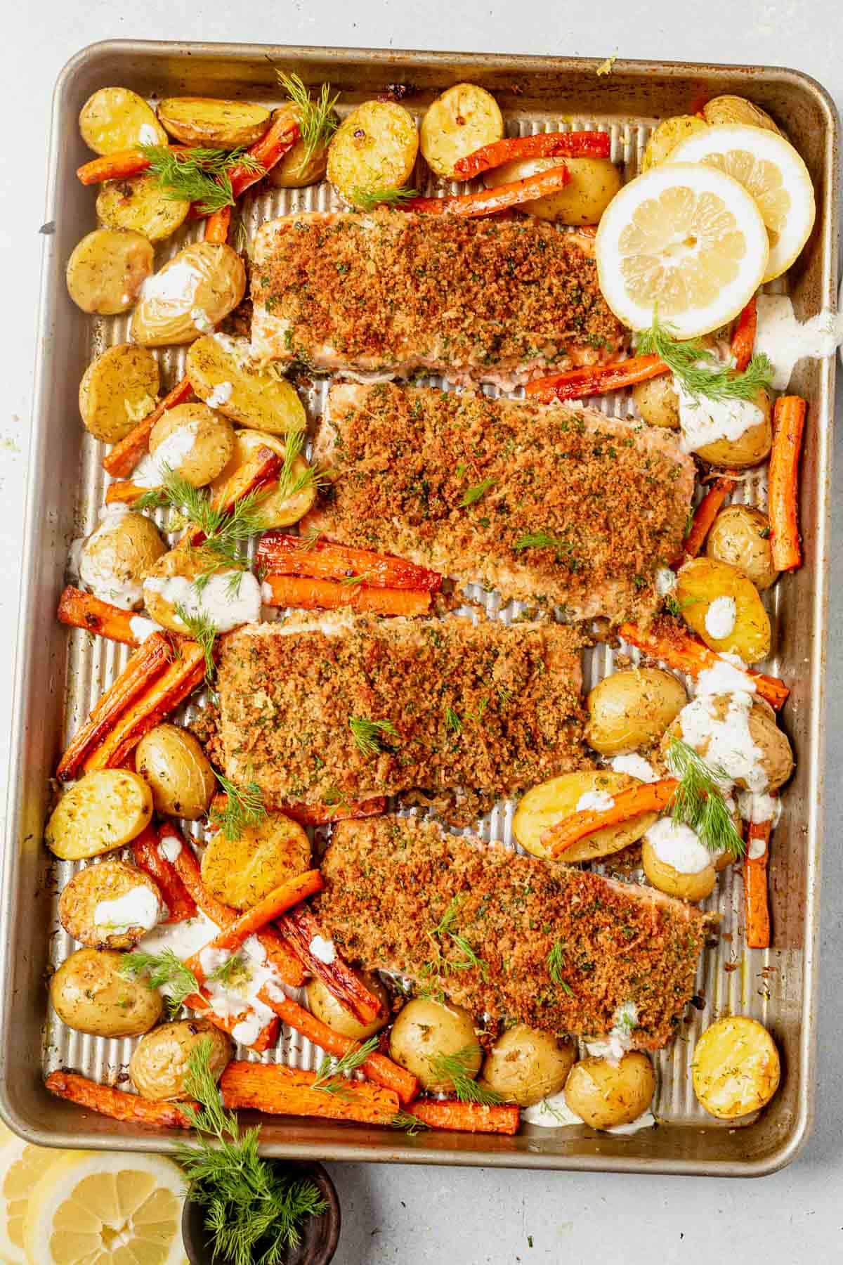 herb crusted salmon on a sheet pan 