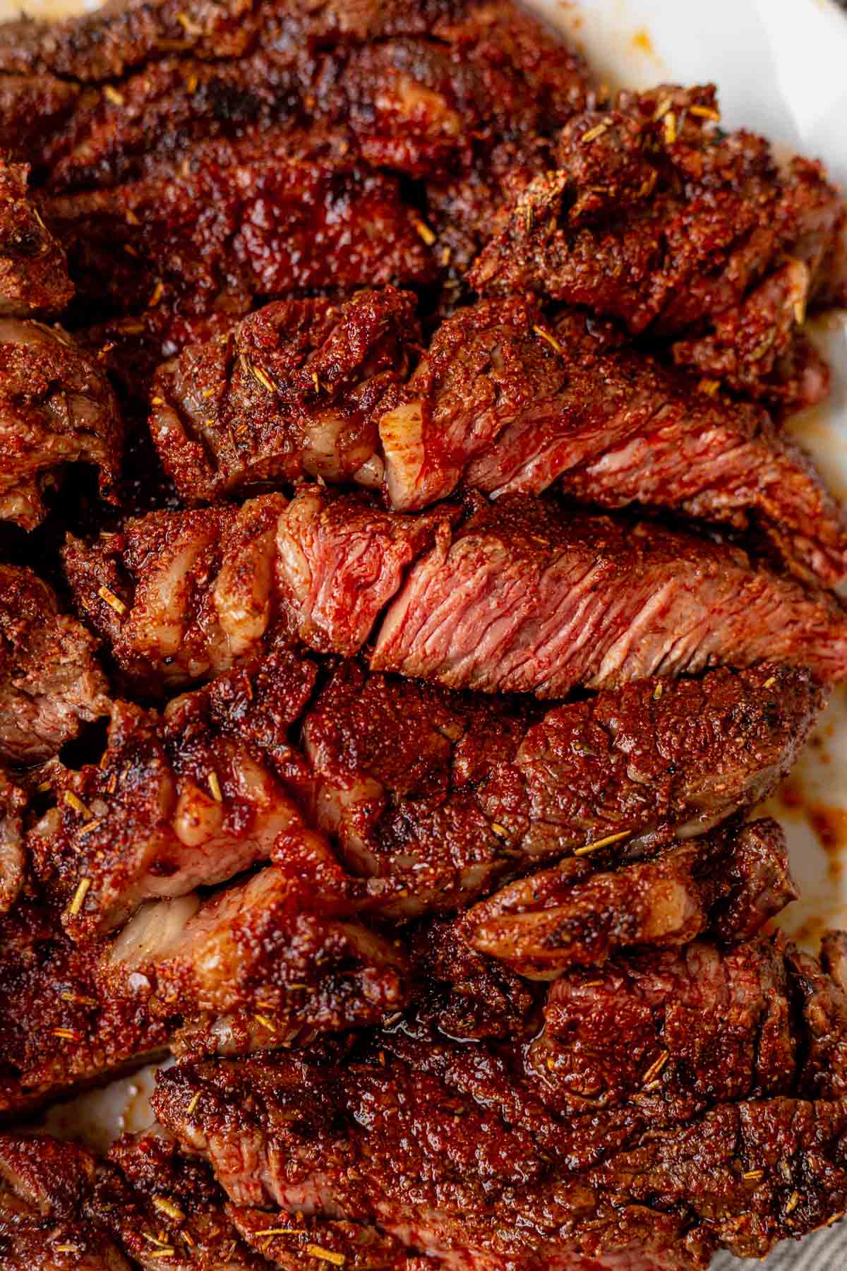 grilled and sliced ribeye on a cutting board