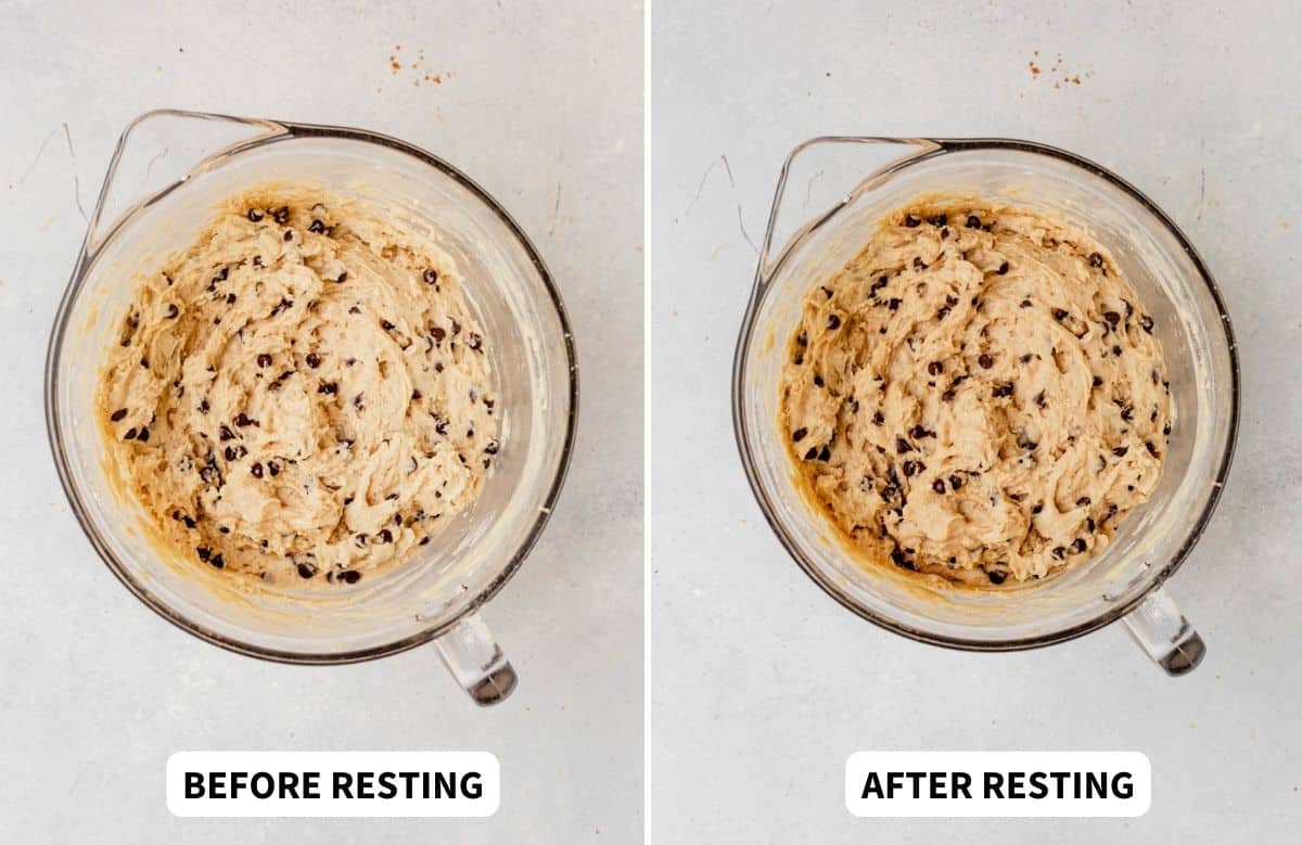 chocolate chip muffin batter before and after resting