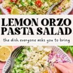 Overhead view of lemon basil orzo salad with tomatoes, cucumber, cheese, basil, and pine nuts. A hand pours dressing as a fork mixes the salad. Text reads: “LEMON ORZO PASTA SALAD— the dish everyone asks you to bring.”.