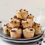 a stack of mini chocolate chip muffins on a plate
