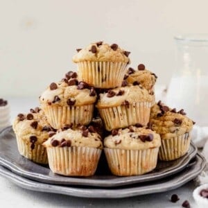 a stack of mini chocolate chip muffins on a plate