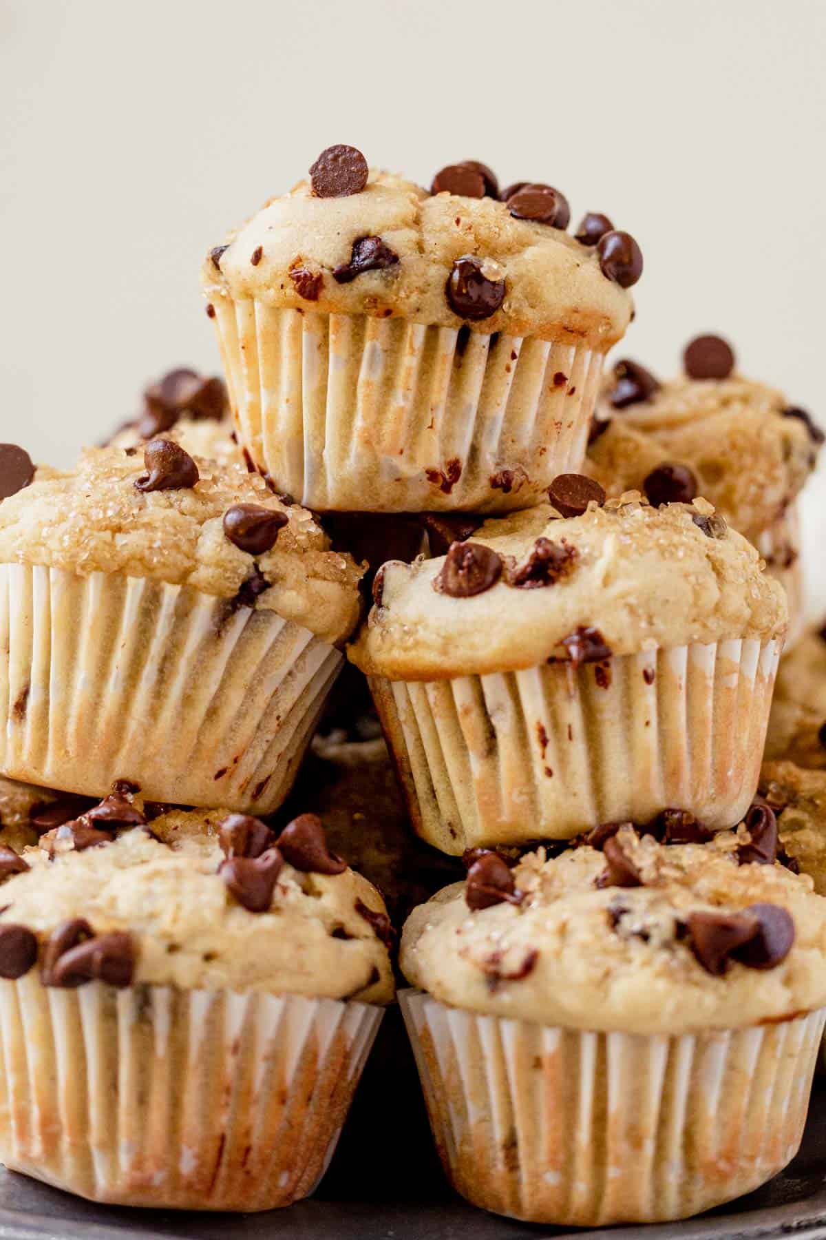 a stack of chocolate chip mini muffins