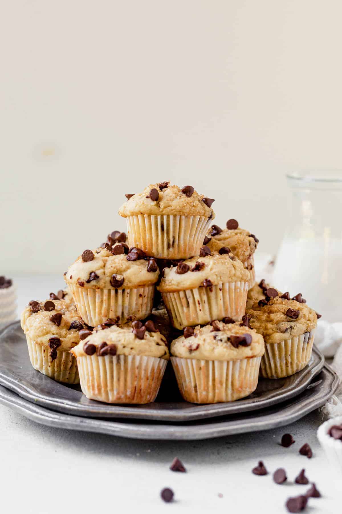 a plate of mini chocolate chip muffins