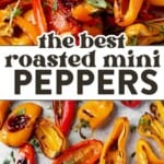 roasted mini peppers with charred and caramelized edges on a sheet pan.