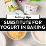 yogurt substitute options on a counter and then a container of yogurt and other substitutes