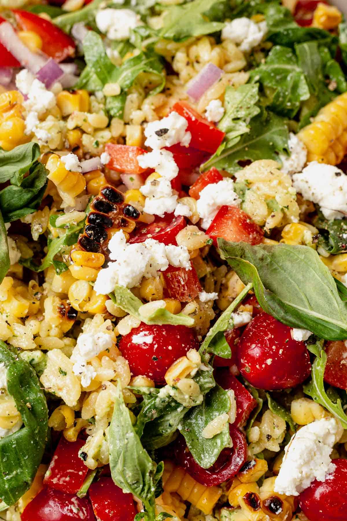 summer orzo pasta salad with goat cheese and basil