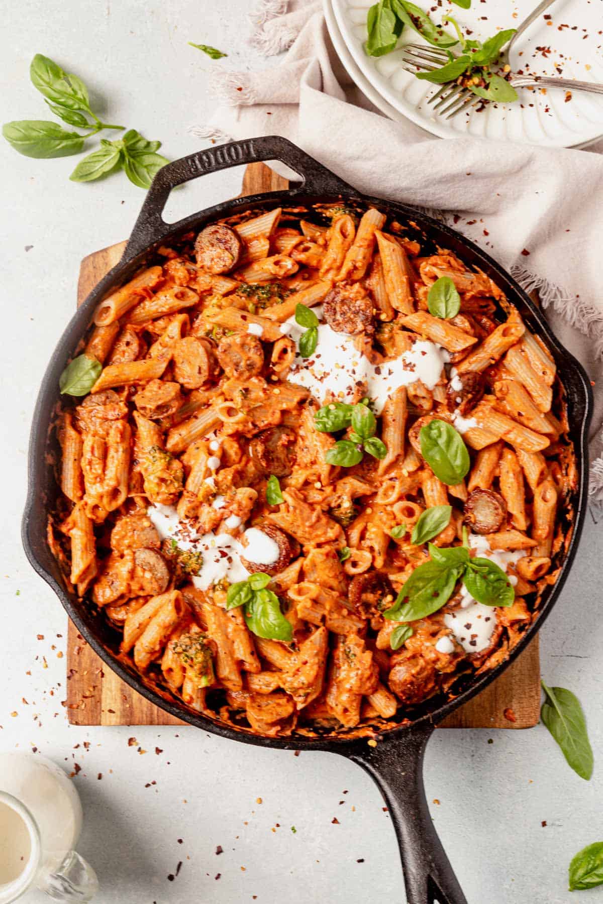 chicken sausage pasta in a skillet