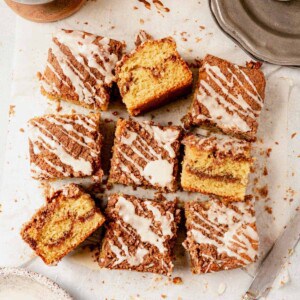 9 slices of gluten free coffee cake with cinnamon crumb swirl