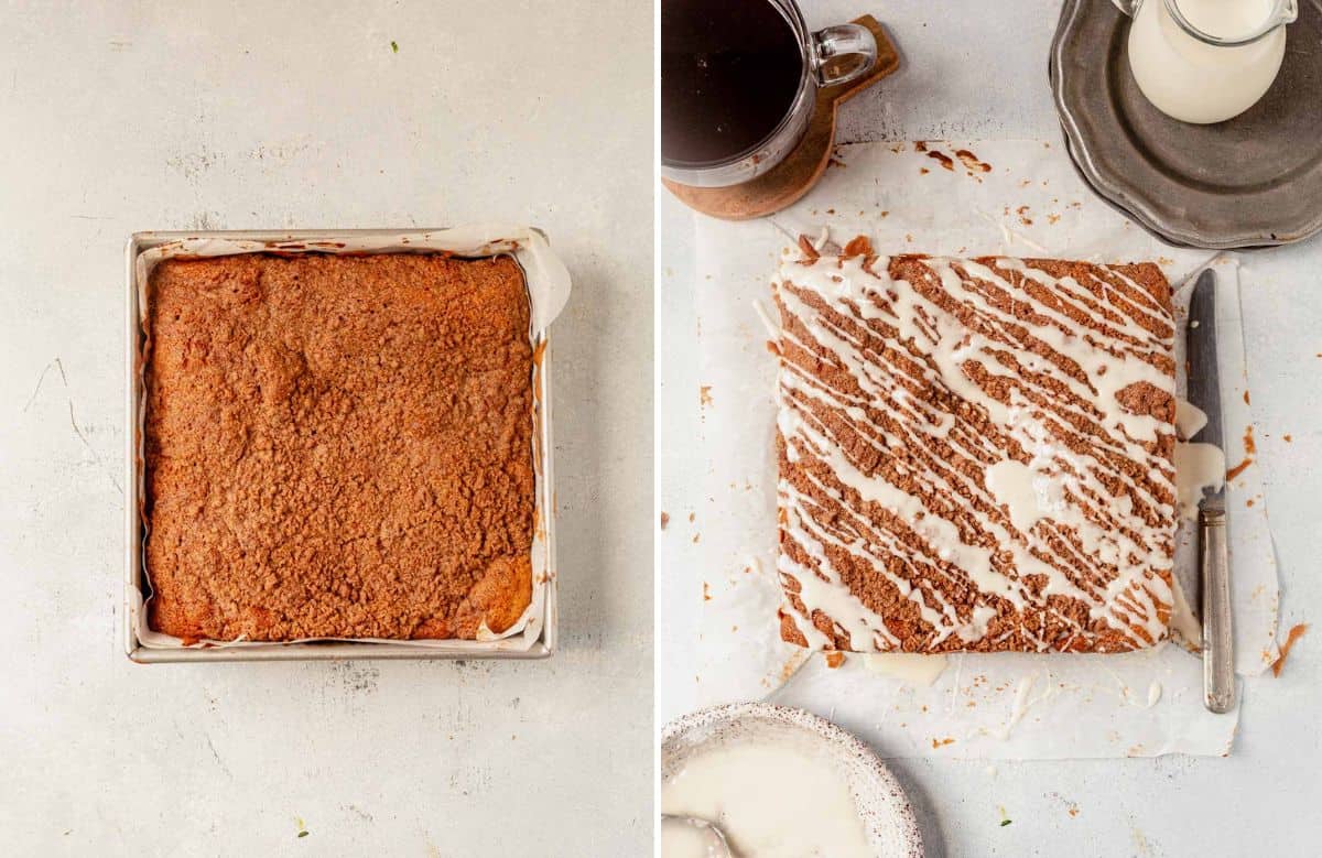 baked coffee cake before and after icing