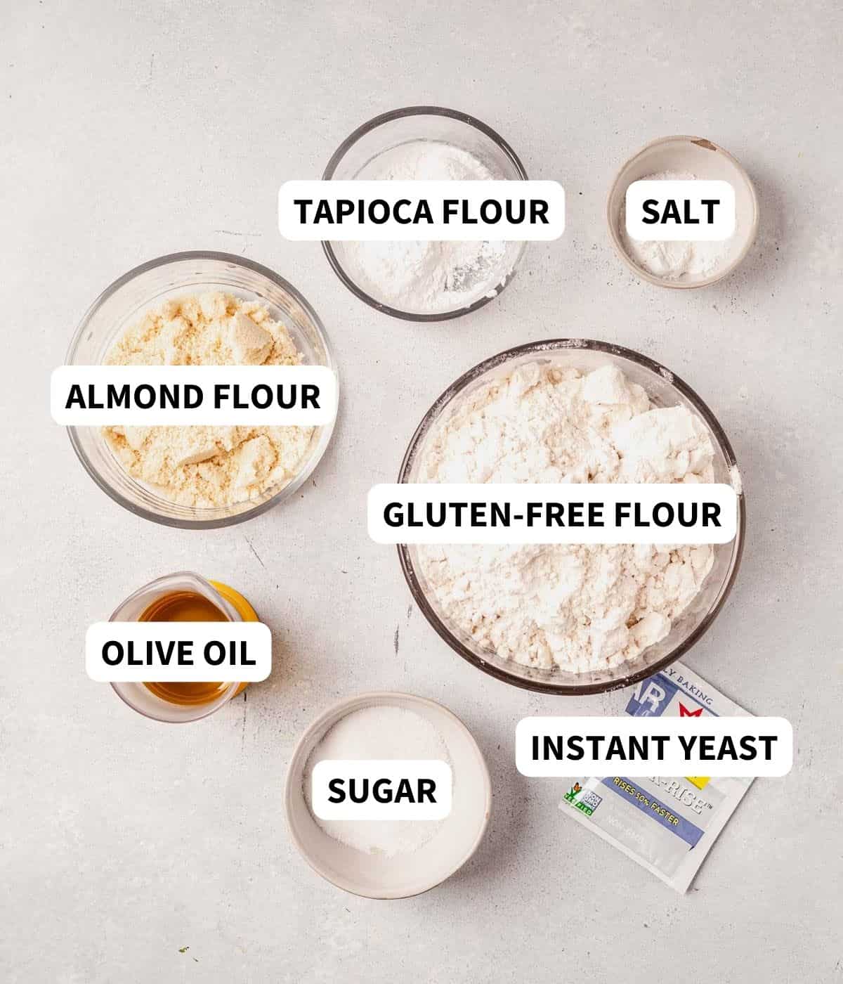 gluten-free pizza crust ingredients on a countertop