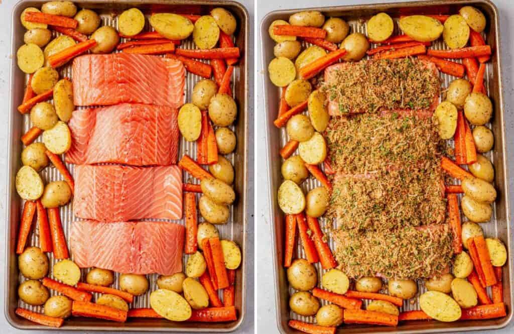 Herb Crusted Salmon with Garlic Roasted Potatoes and Carrots