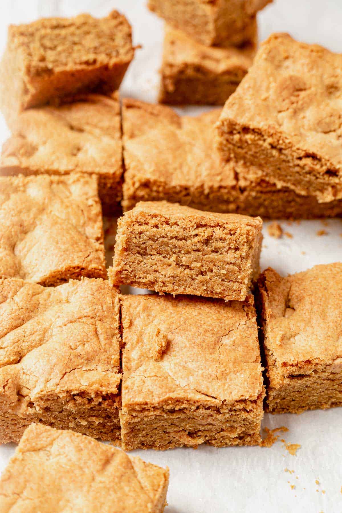 peanut butter cookie bars cut into sqaures