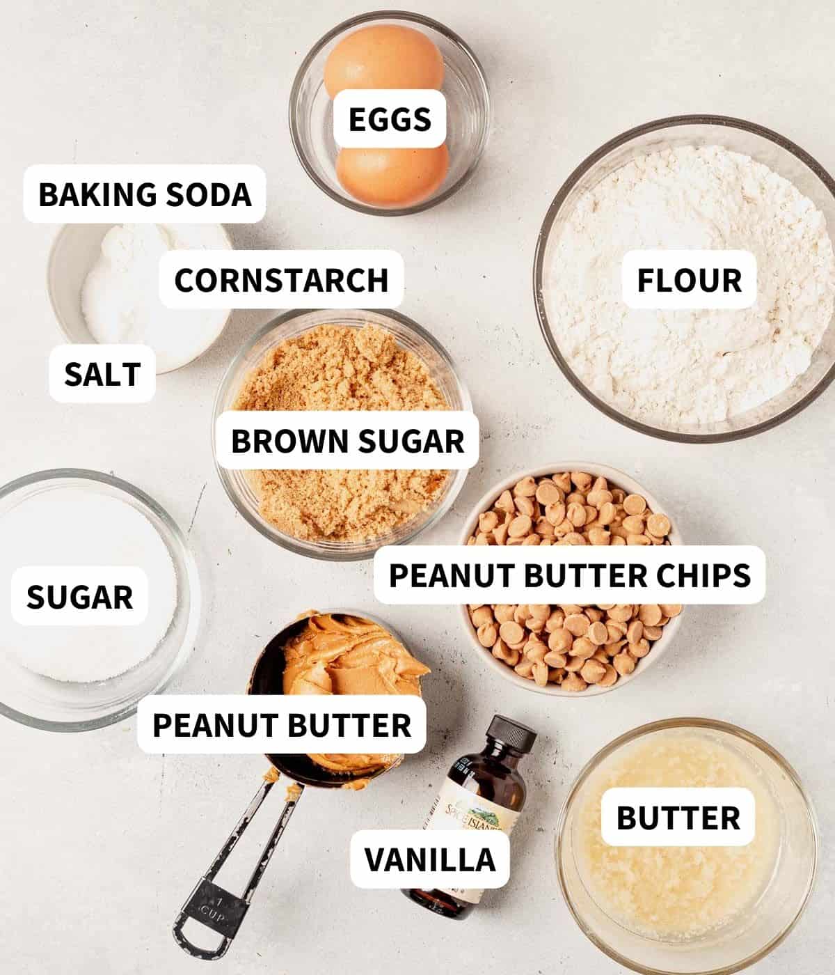 peanut butter cookie bar ingredients on a countertop