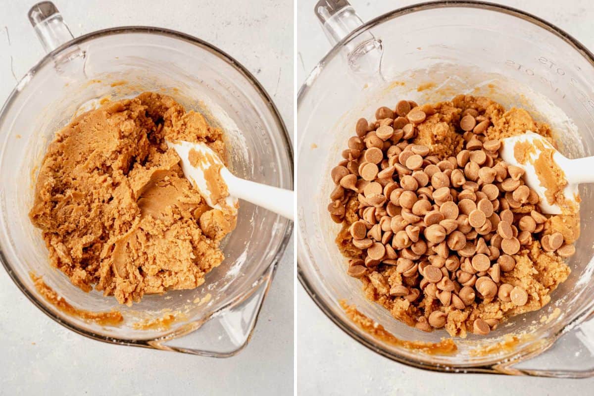 peanut butter cookie bar dough in a mixing bowl