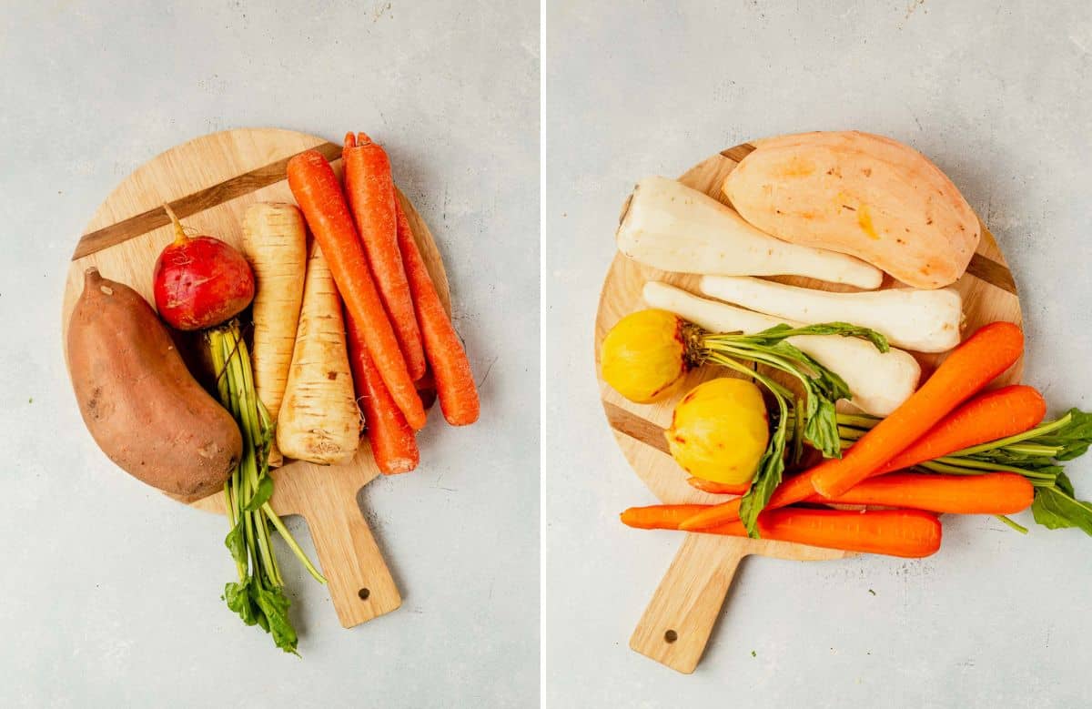 peel root vegetables on a cutting board