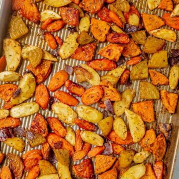 roasted root vegetables on a baking pan