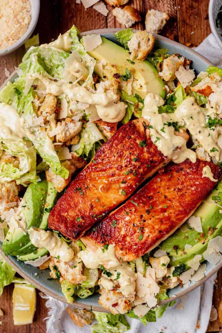 Salmon Caesar Salad With Homemade Croutons