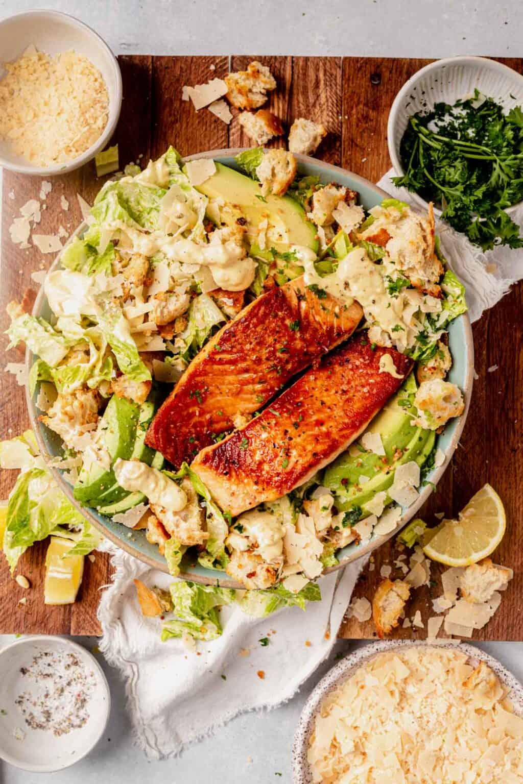 Salmon Caesar Salad with Homemade Croutons