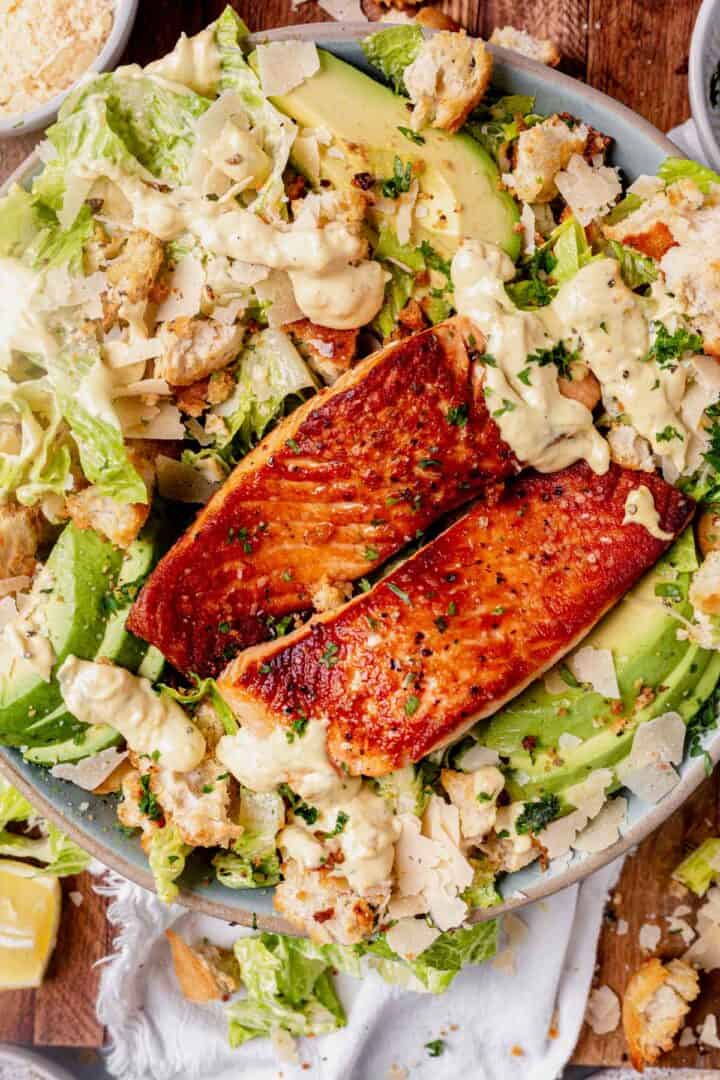 Salmon Caesar Salad with Homemade Croutons