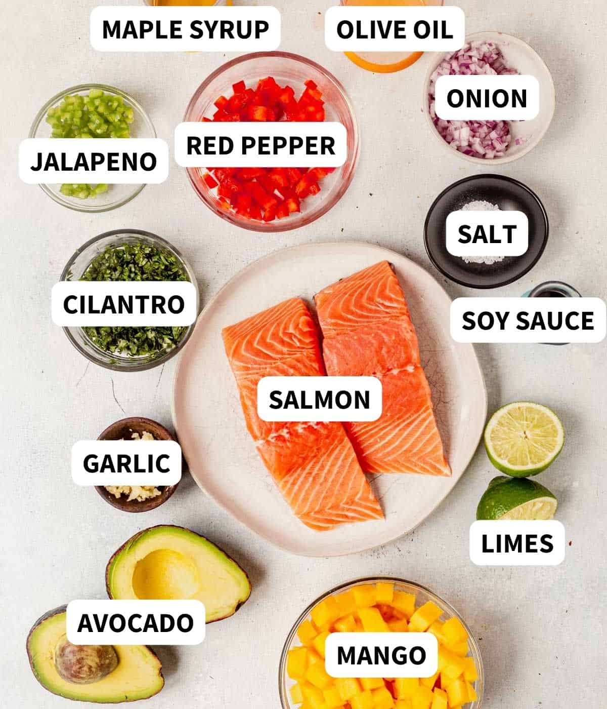 ingredients for salmon with mango salsa on a countertop